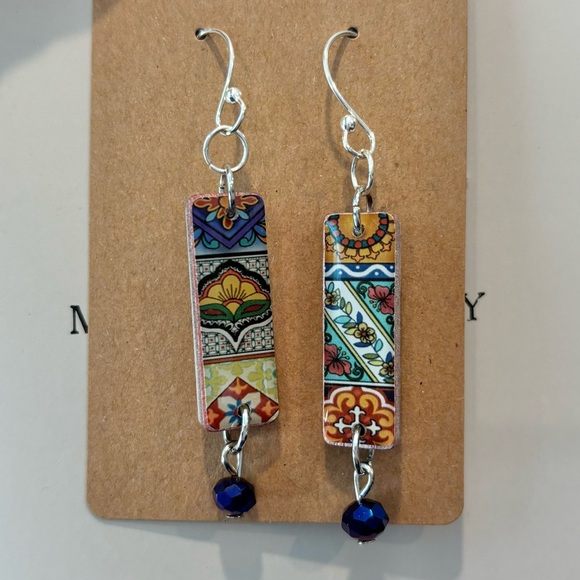 Handmade Bohemian Block Resin Sterling Silver Earrings Nwt